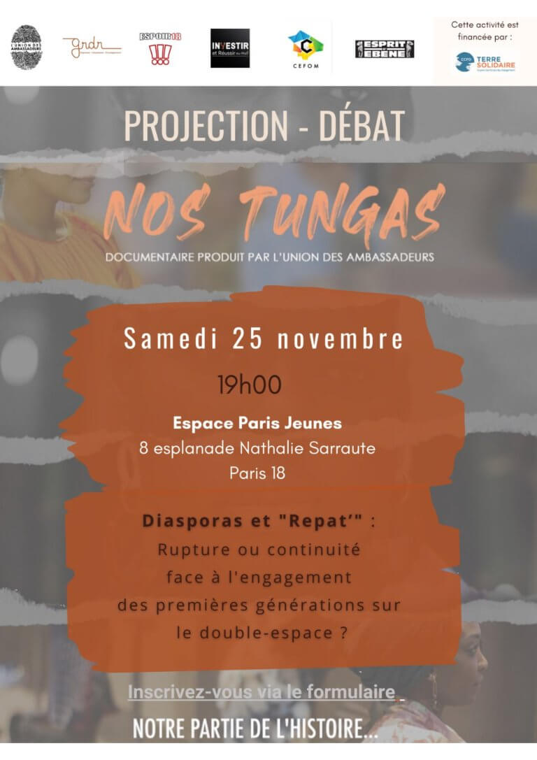 Affiche pour la projection débat : Nos Tungas, un documentaire produit par l'Union des Ambassadeurs