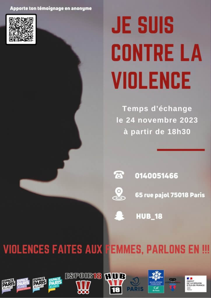 Affiche pour la soirée, temps d'échange contre les violences bfaites aux femmes.
